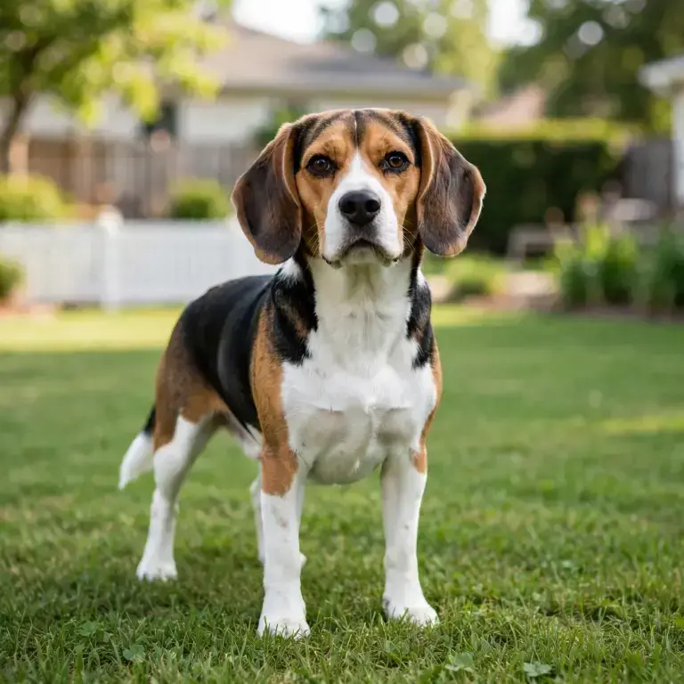 Beagle standing on a clean green lawn