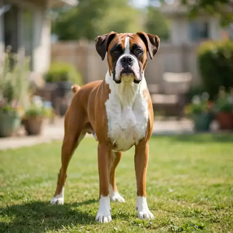 Boxer standing on a clean green lawn