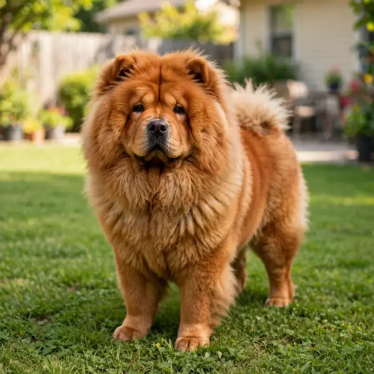 Chow Chow standing on a clean green lawn