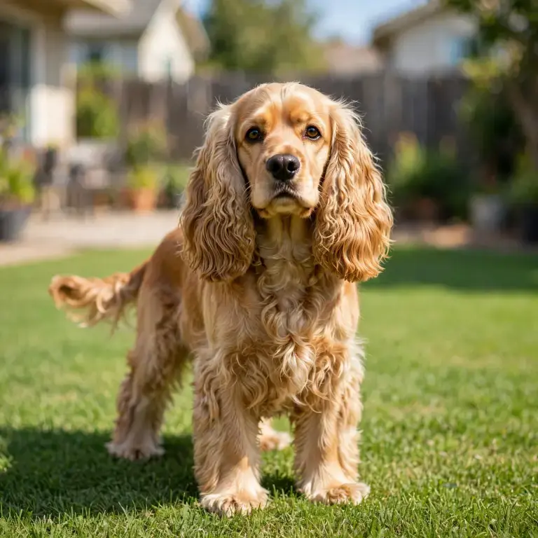 Cocker Spaniel standing on a clean green lawn