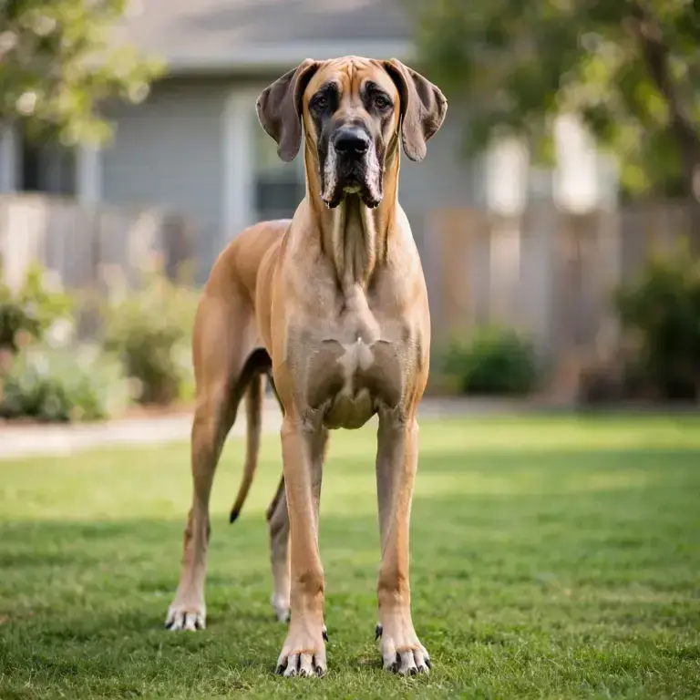 Great Dane standing on a clean green lawn
