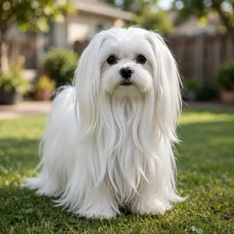 Maltese standing on a clean green lawn