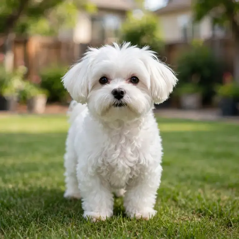 Maltipoo standing on a clean green lawn