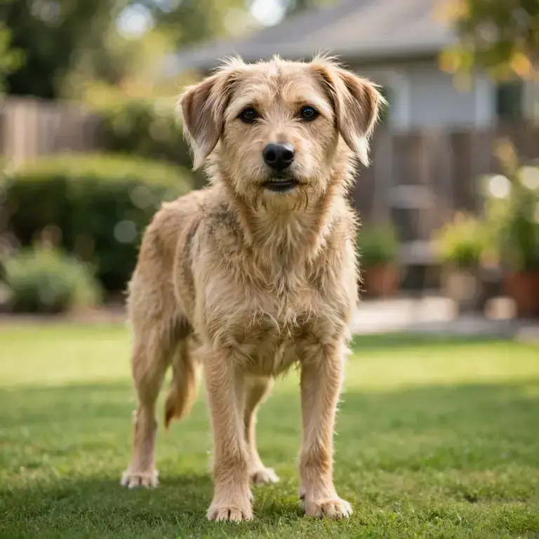 Mixed Breed (Mutt) standing on a clean green lawn