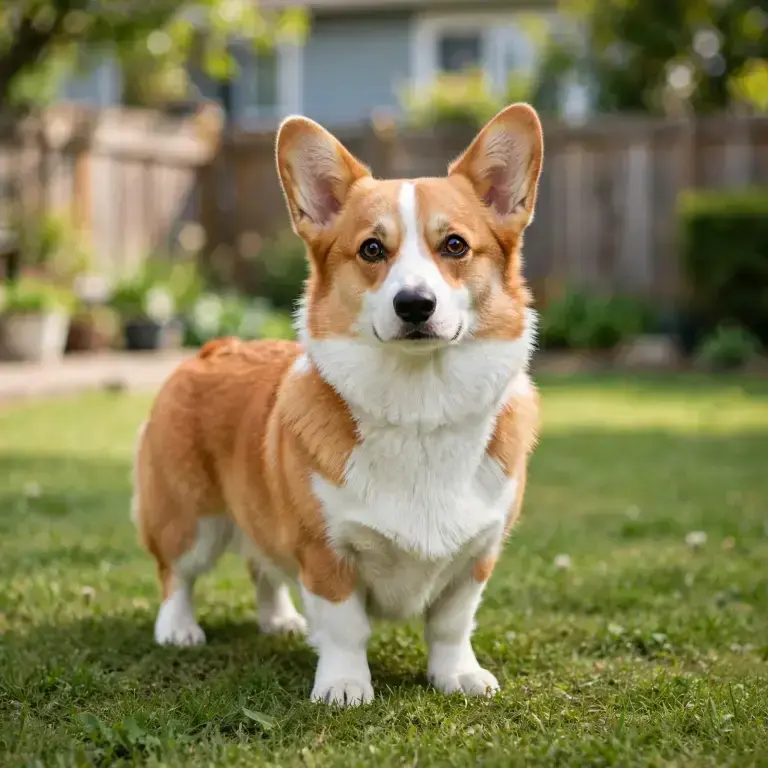 Pembroke Welsh Corgi standing on a clean green lawn