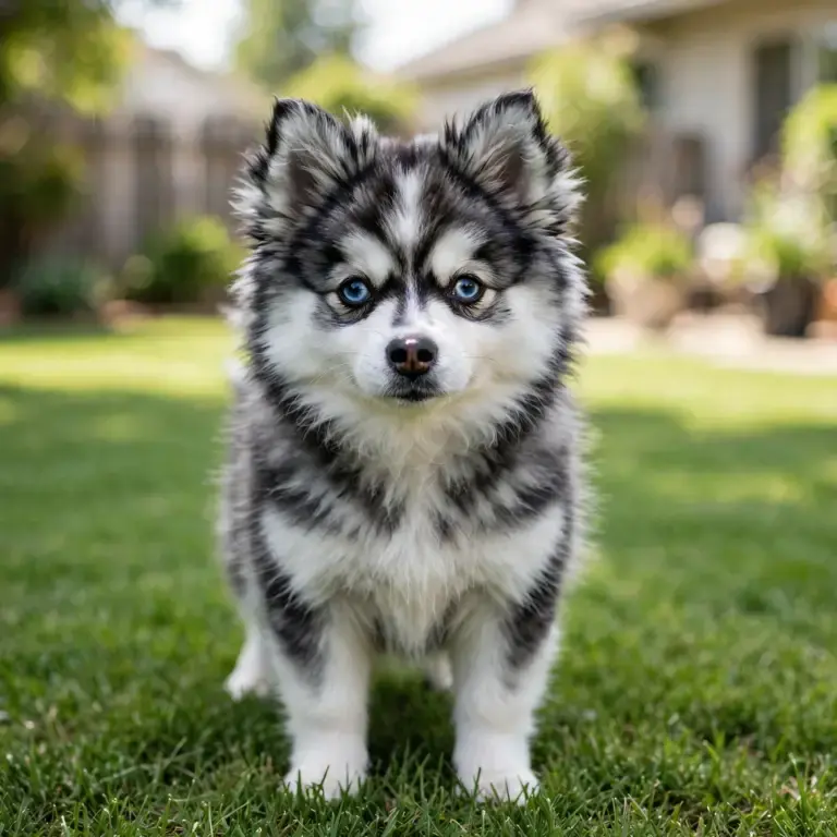 Pomsky standing on a clean green lawn
