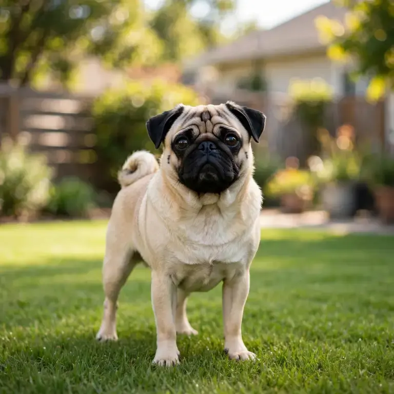Pug standing on a clean green lawn