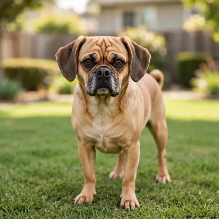 Puggle standing on a clean green lawn