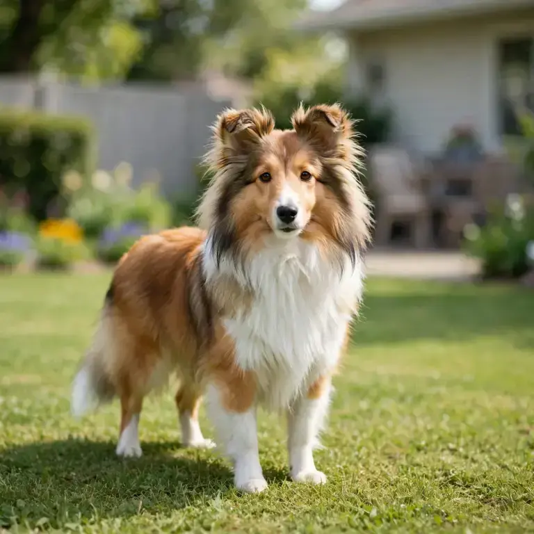Shetland Sheepdog standing on a clean green lawn