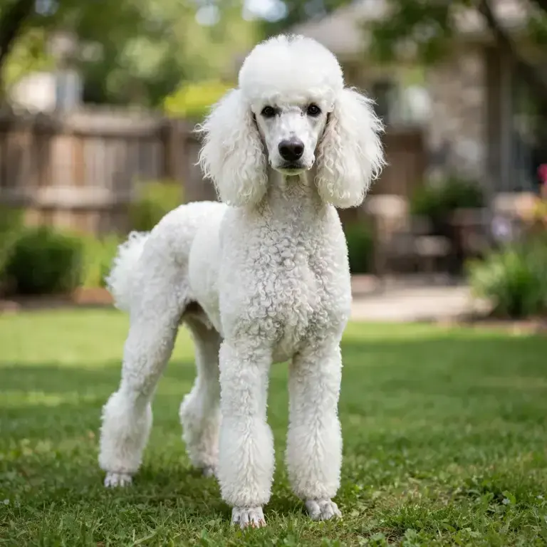 Standard Poodle standing on a clean green lawn
