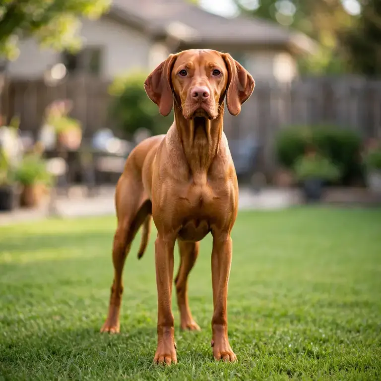 Vizsla standing on a clean green lawn