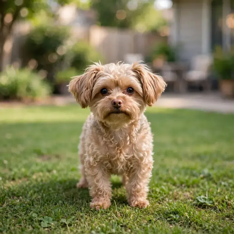 Yorkipoo standing on a clean green lawn