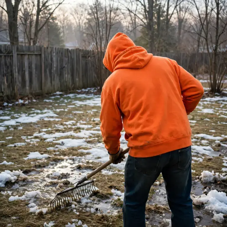 Crew member raking a thawing spring lawn with melting snow patches